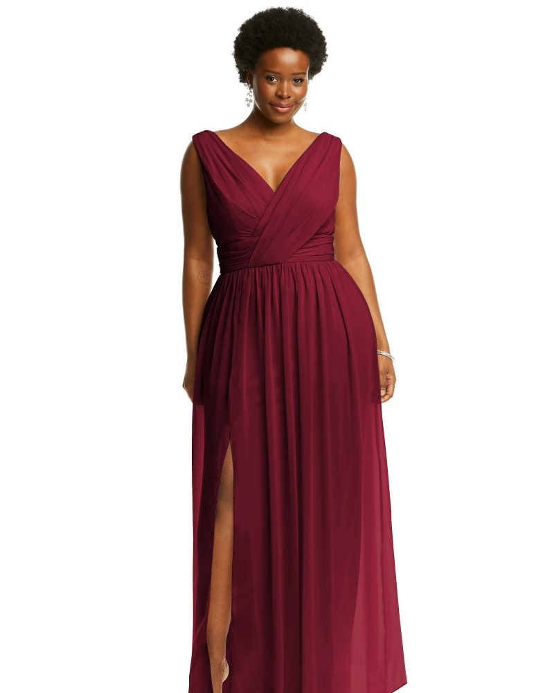 Front of a model wearing a size 18W Sleeveless Draped Chiffon Maxi Dress with Front Slit in Burgundy by Dessy Collection. | dia_product_style_image_id:294864